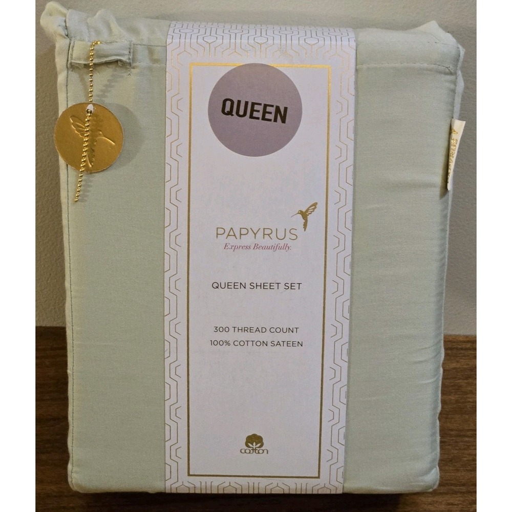 Papyrus Queen Sheet Set Solid Sage Green 100% Cotton Sateen 300 Thread Count